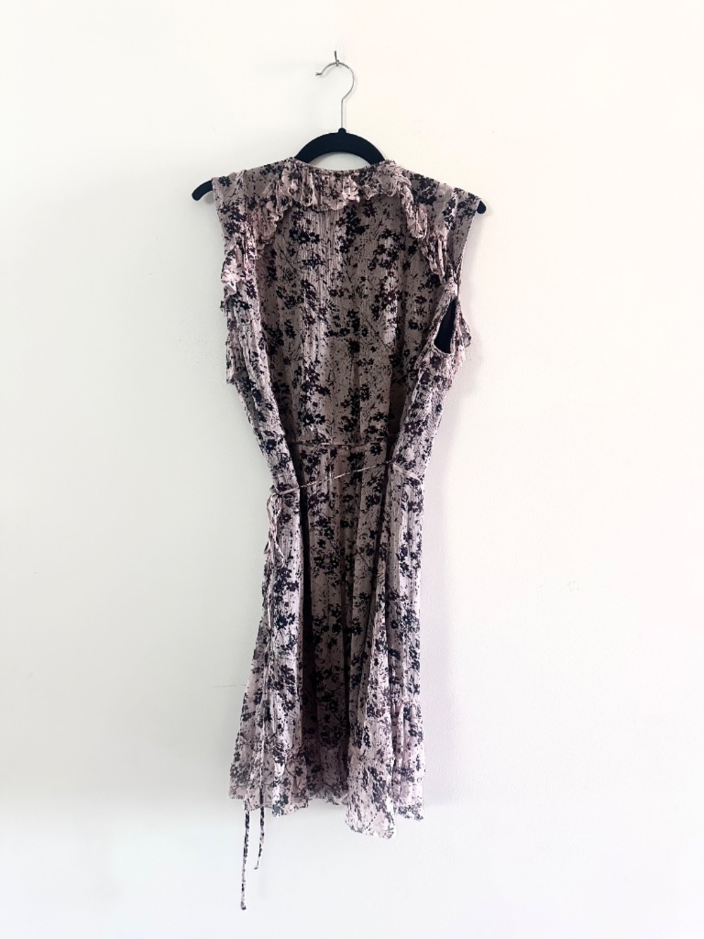 AllSaints Priya Petal Chiffon Ruffle Wrap Mini Dress Pink Black Size Large - Picture 3 of 5